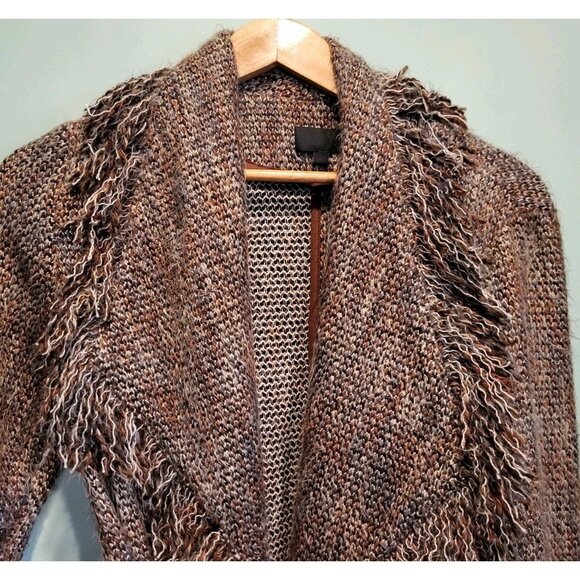 Intermix Brown Wool Blend Tweed Fringe Suede Belted Mid Length Wrap Jacket Sz S - Picture 2 of 9